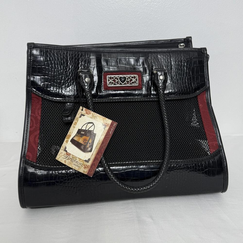 Brighton Black Leather Pet Carrier Travel Tote Bag Mesh Ventilated Carry NEW